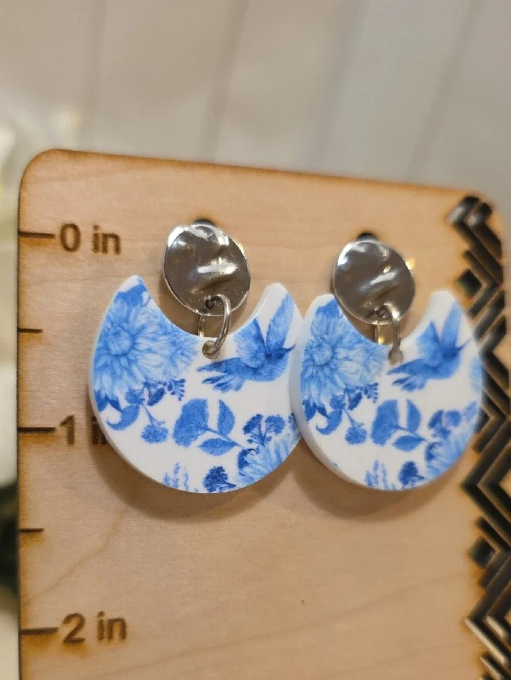 Handcrafted Blue Floral Half-Moon Drop Earrings